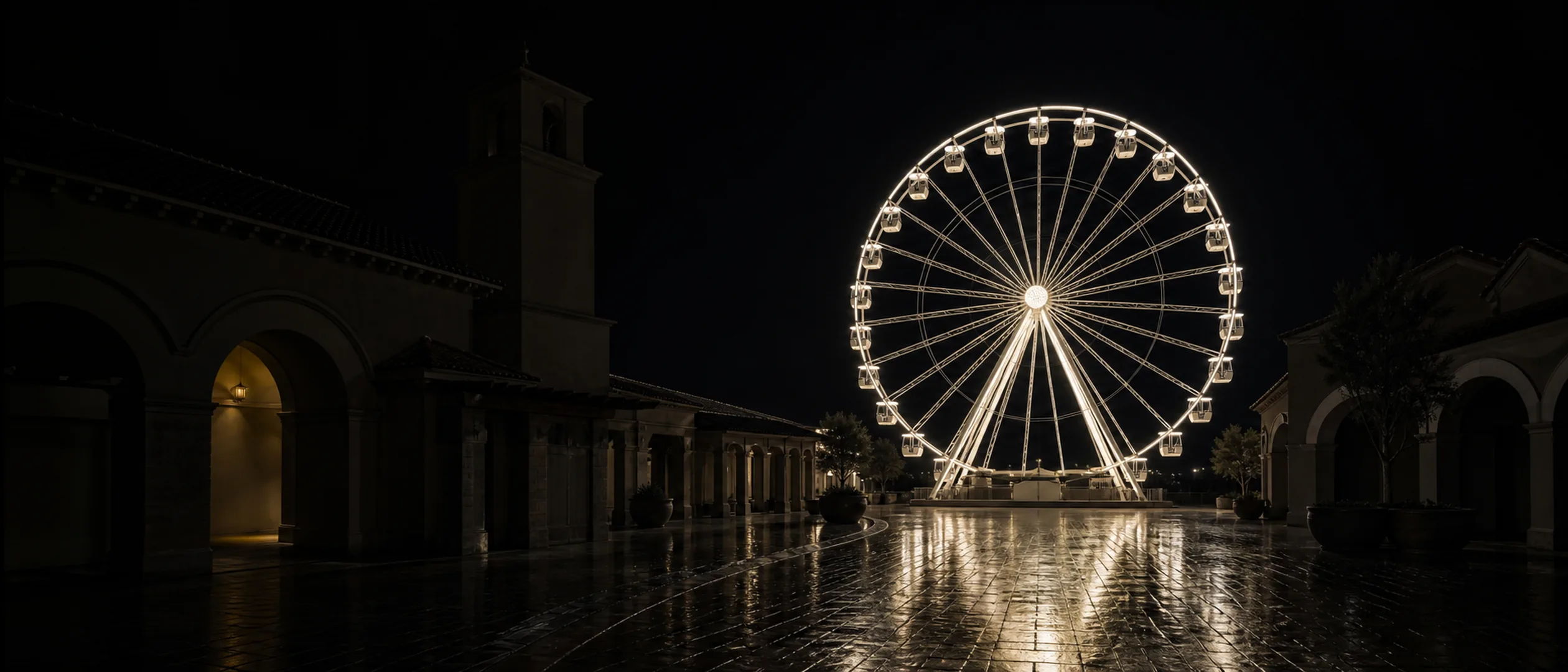 The Irvine Spectrum Giant Wheel rises above an empty, rain-lit plaza and Spanish-style arcades at night.