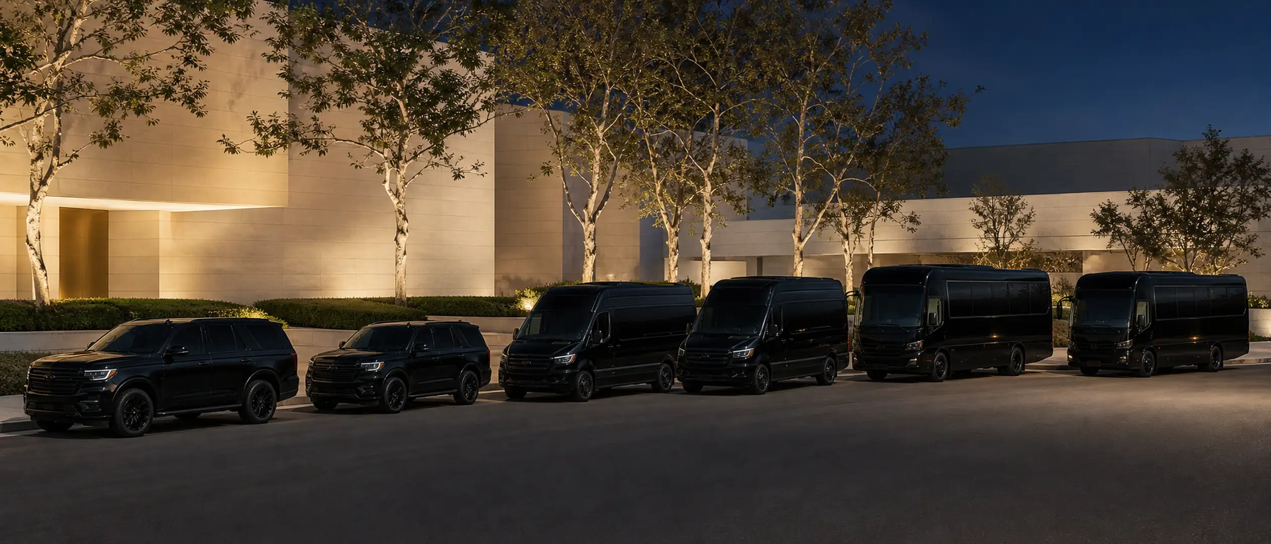 Six near-black vehicles line the curb outside Irvine Civic Center at blue hour.