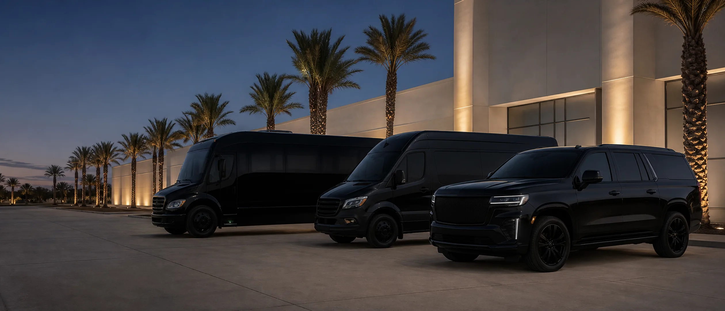 A near-black SUV, executive van, and mini-coach are parked side by side beneath the palms at Orange County Great Park.