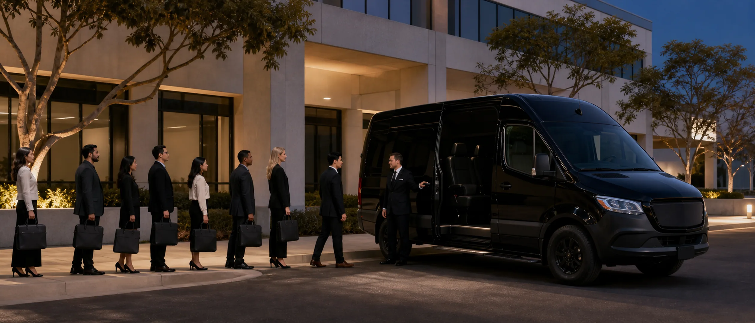Eight colleagues board a near-black executive van outside a low modern Irvine business campus.