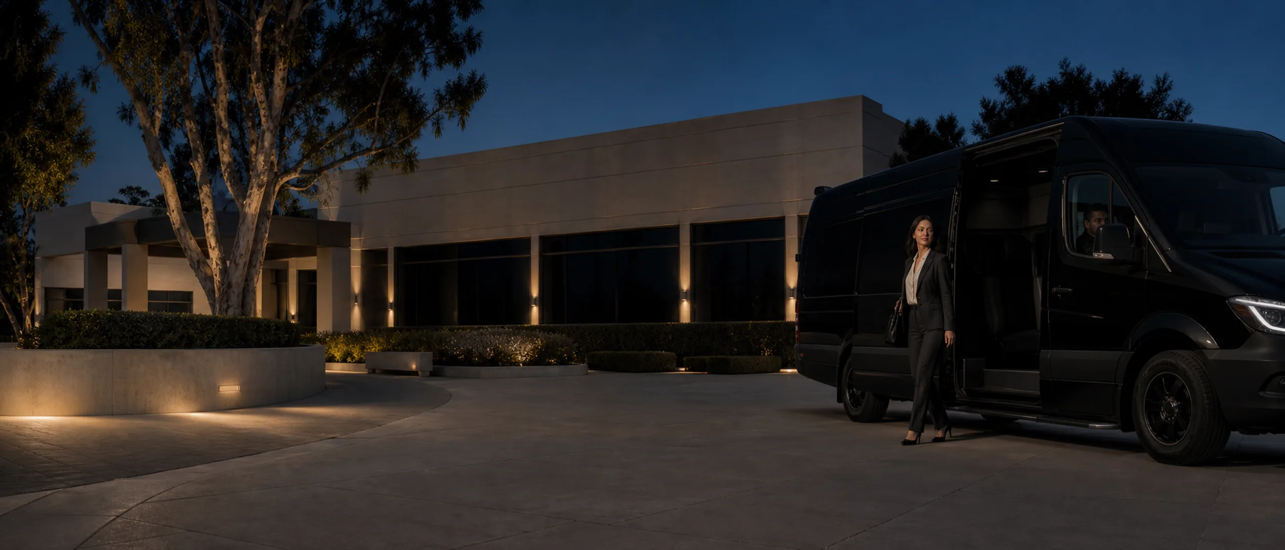 An executive steps from a near-black van onto a quiet plaza in UCI Research Park.