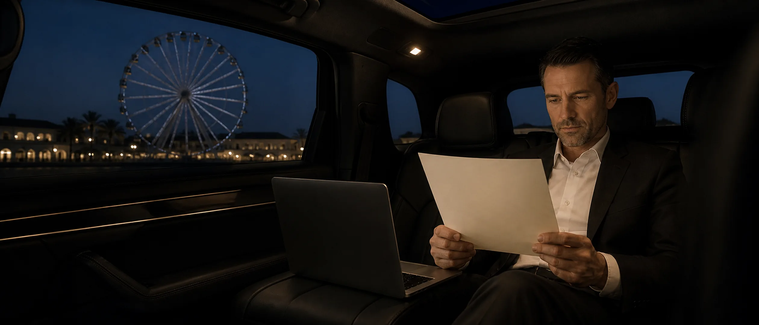 An executive reviews a blank document in a dark vehicle cabin with the Irvine Spectrum Giant Wheel beyond the window.