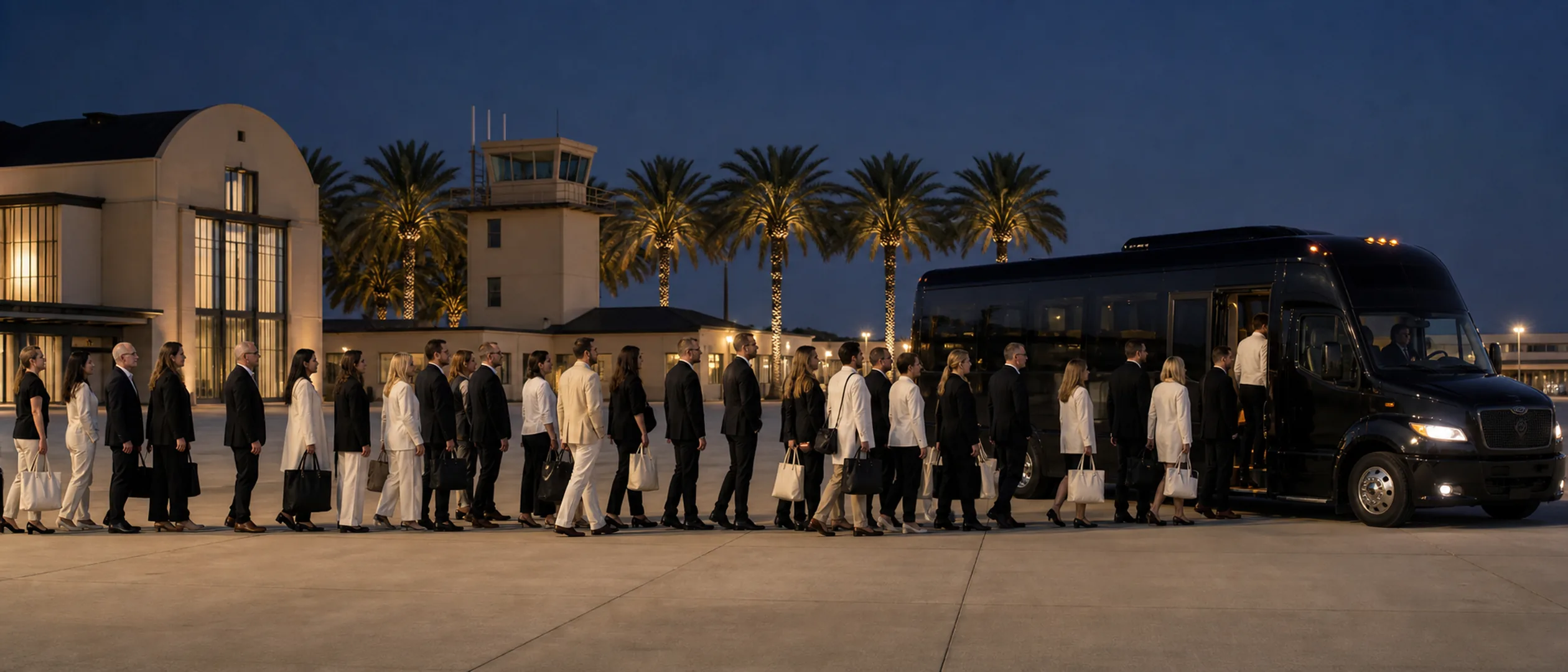 A large group queues for a near-black mini-coach beneath the palms at Orange County Great Park.