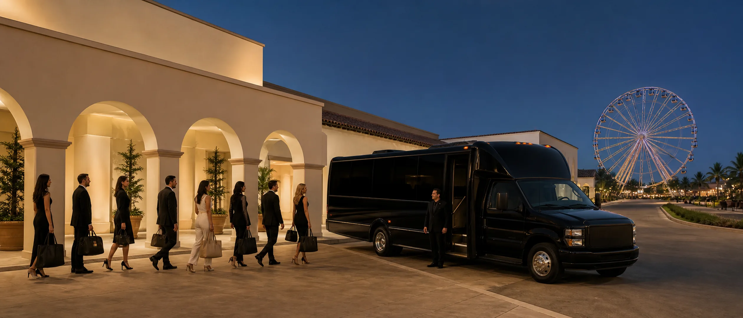 Evening guests board a near-black mini-coach beneath Irvine Spectrum arcades and the distant Giant Wheel.