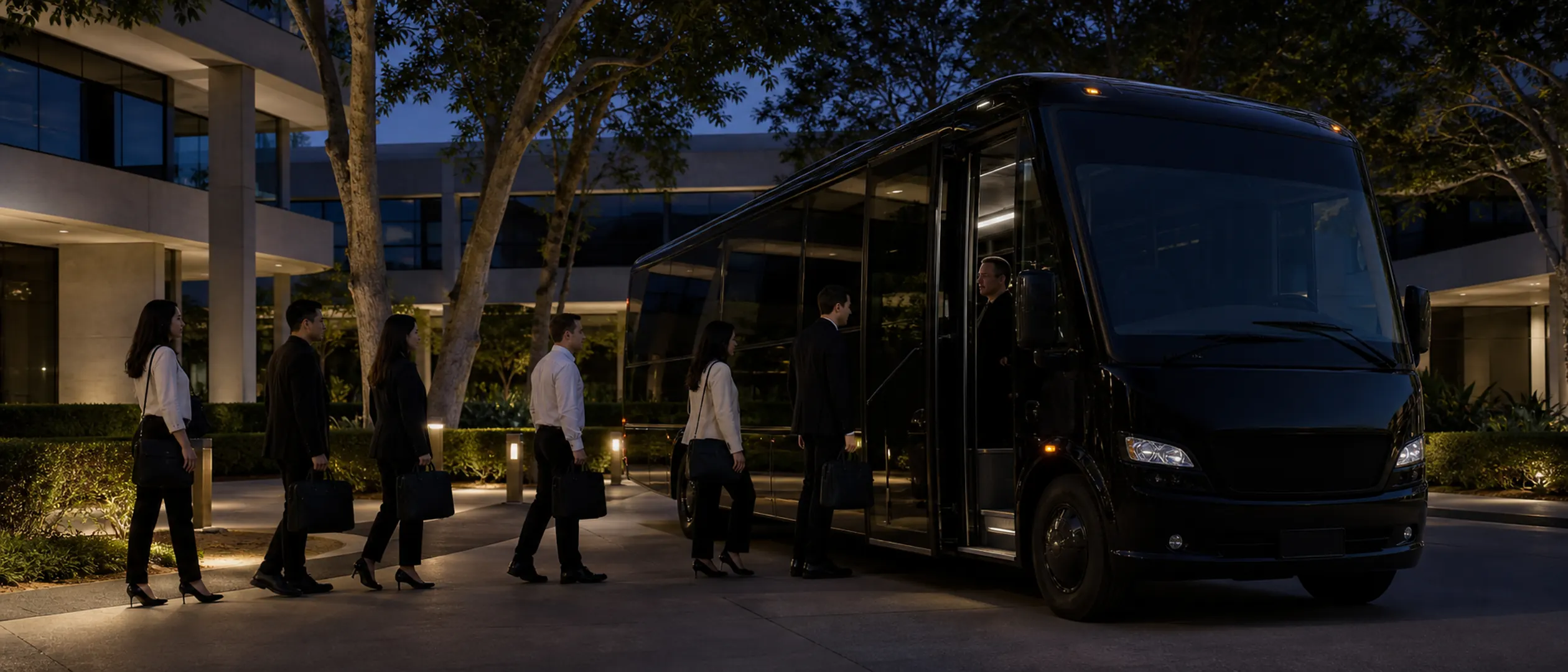 Office commuters board a near-black shuttle beside a low modern Irvine business campus.