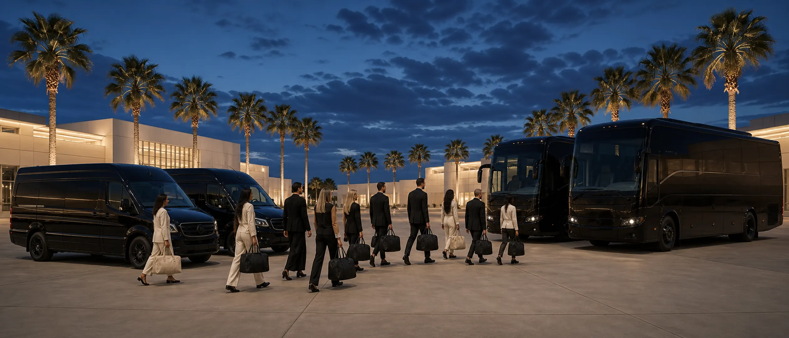 Event travelers cross the Palm Court apron between four near-black shuttles at Orange County Great Park.