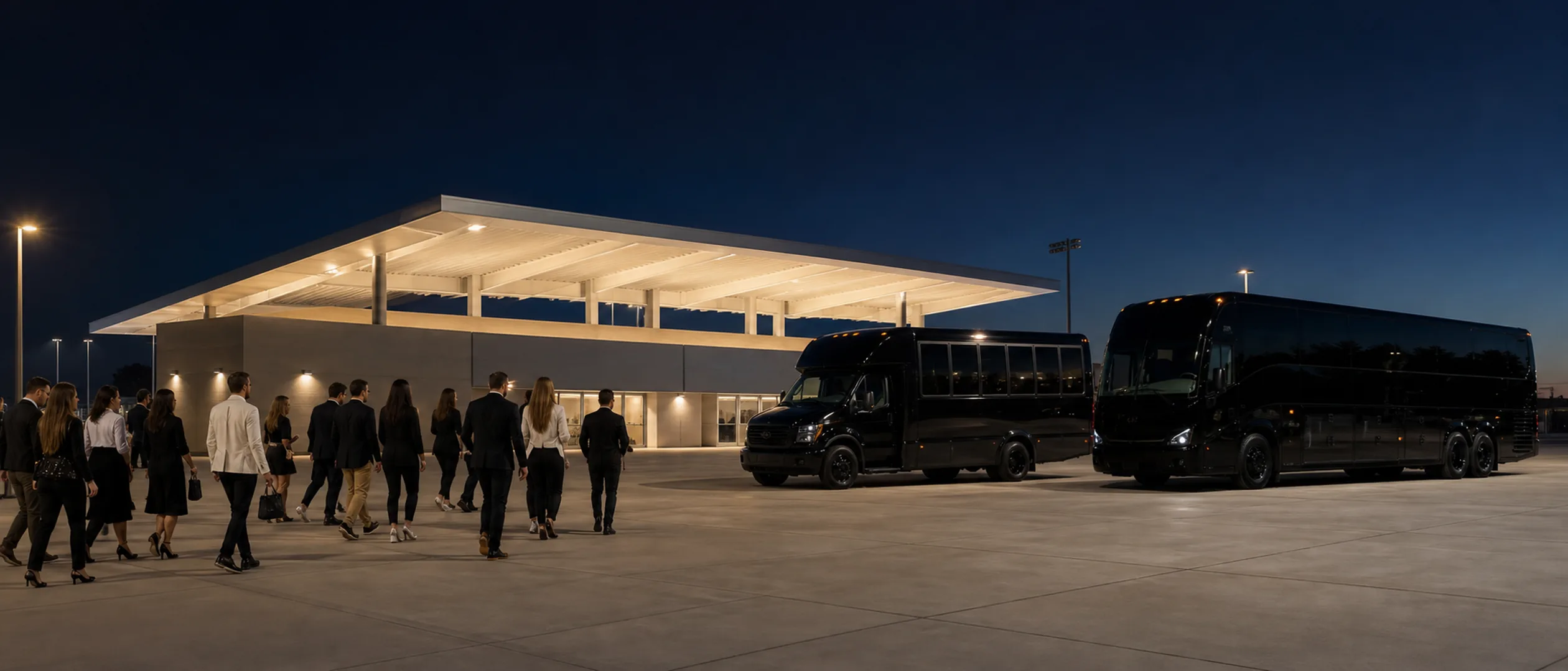 Event guests approach a mini-coach and motorcoach outside the Great Park sports complex in Irvine.