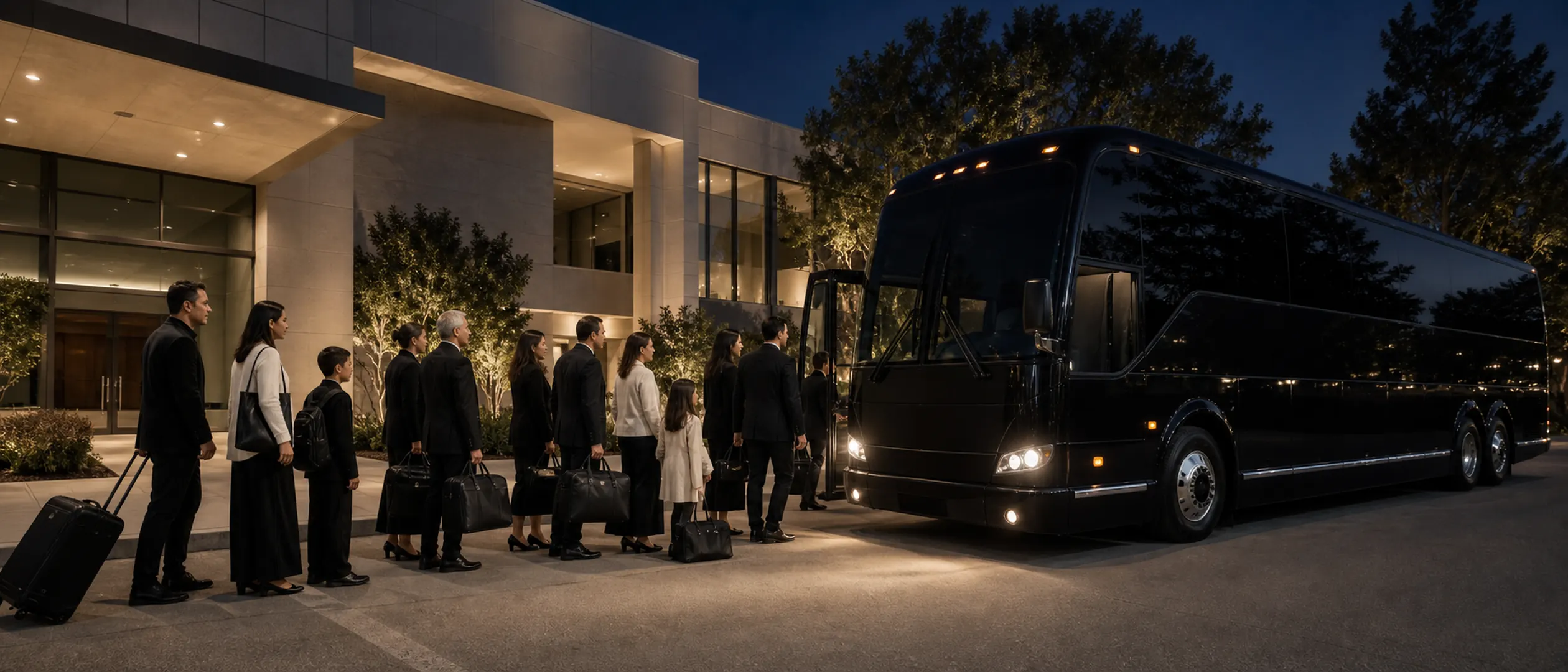 A multigenerational group boards a near-black motorcoach outside a low modern worship campus in Irvine.