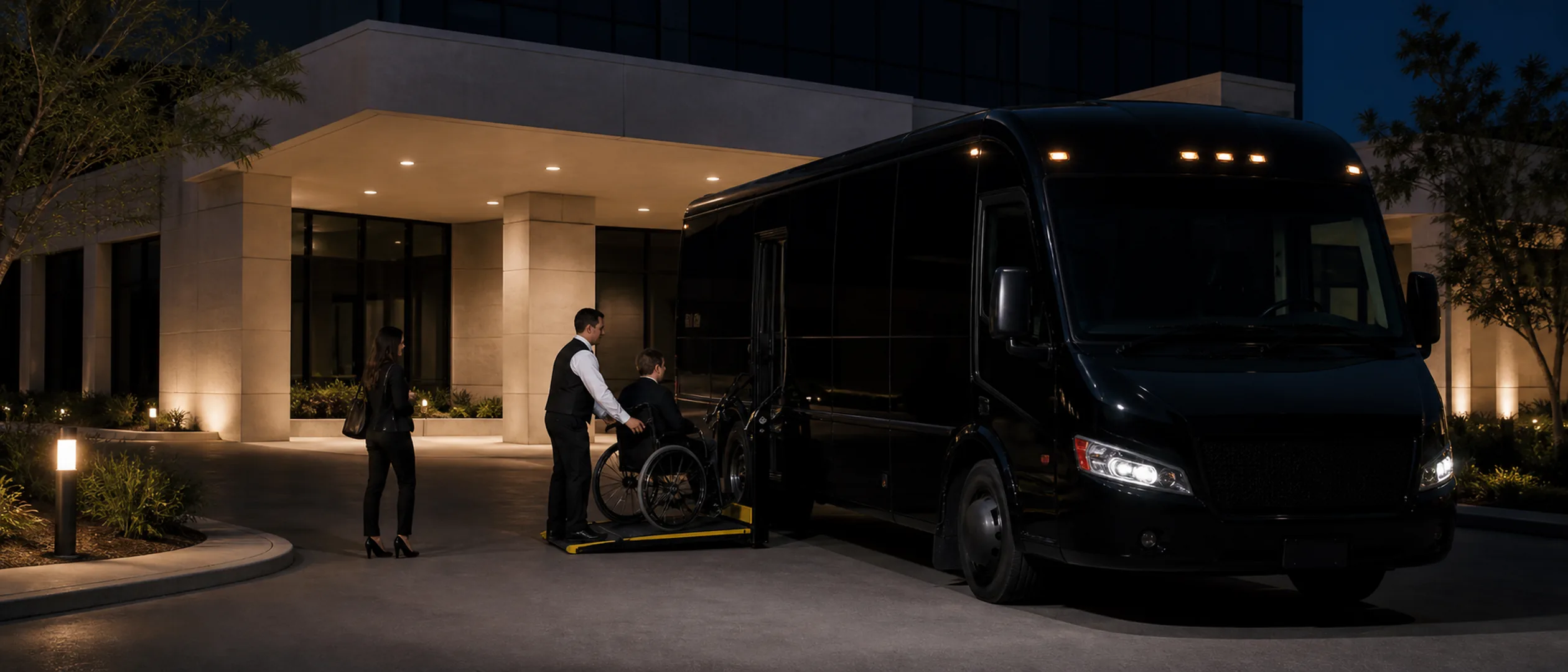 A driver assists a wheelchair user onto an accessible near-black mini-coach outside an Irvine medical campus.