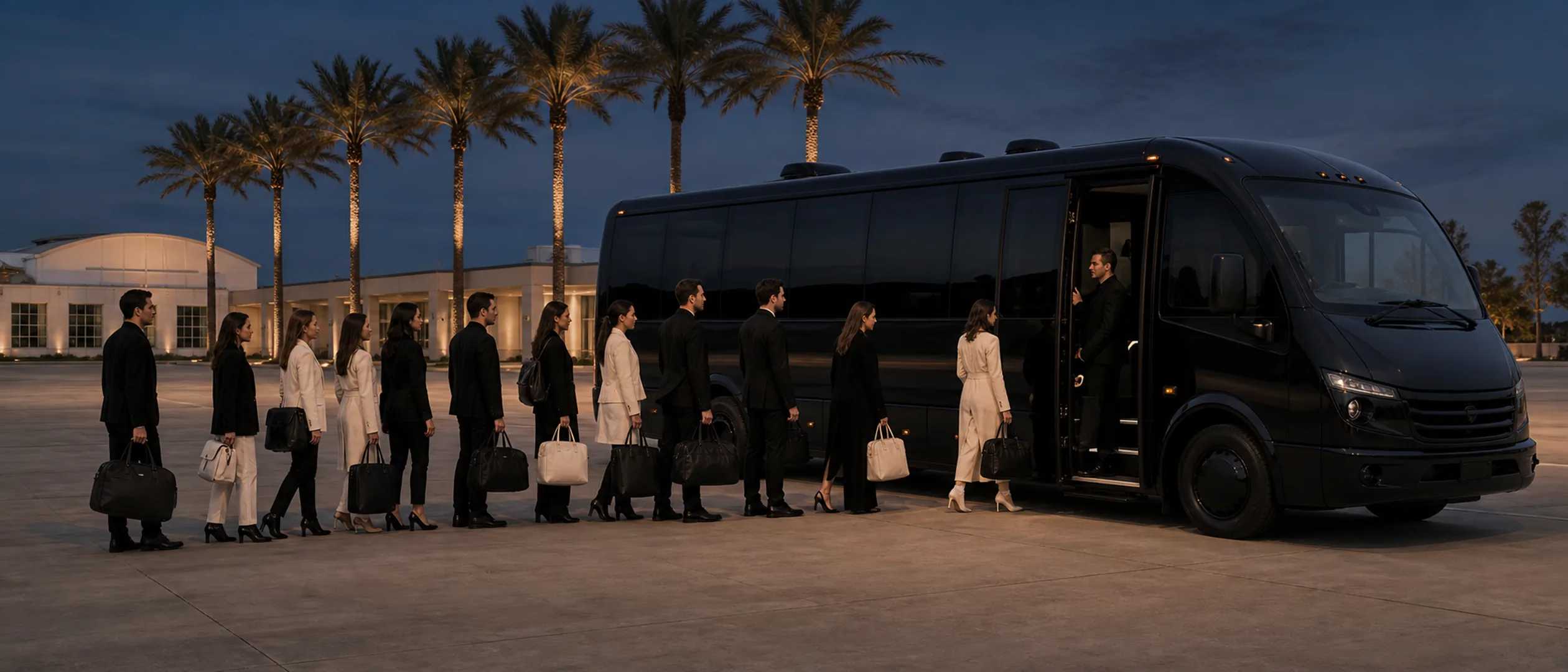 Private charter guests board a near-black mini-coach beside the palms at Orange County Great Park.