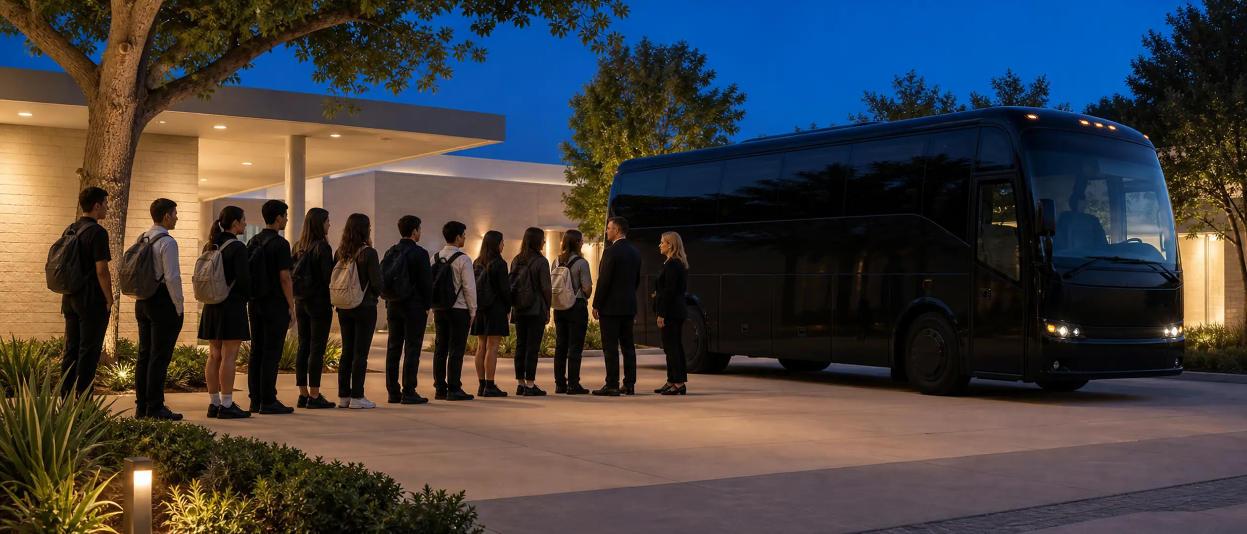 Students and chaperones board a near-black charter coach outside a landscaped Irvine school campus.