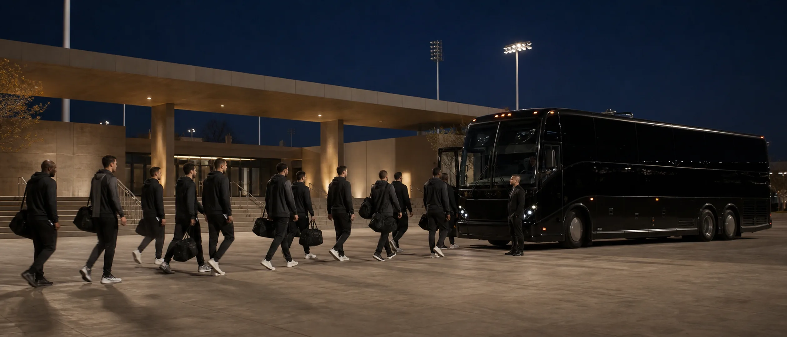 Athletes carry duffel bags toward a near-black motorcoach at the Great Park sports complex in Irvine.