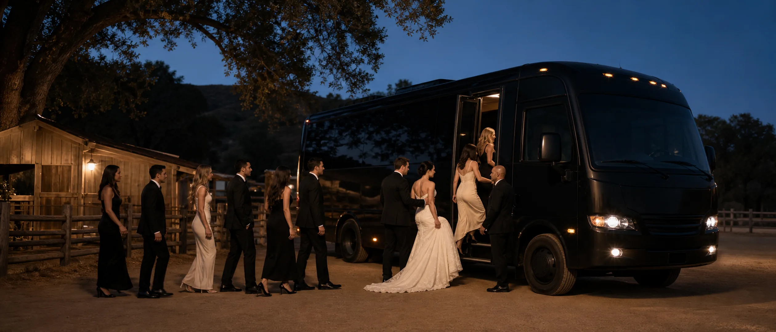 A wedding party boards a near-black mini-coach among the oak trees and ranch buildings of Bommer Canyon.