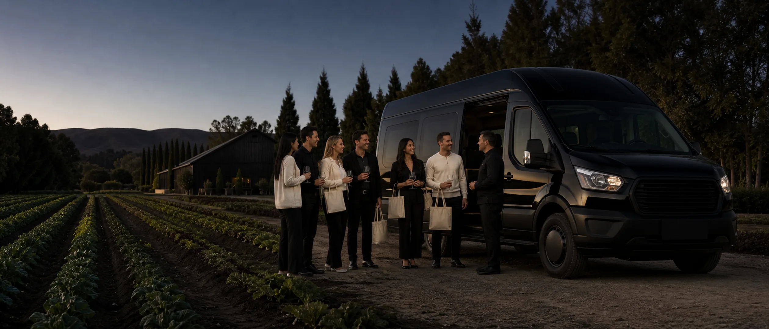 Six guests gather beside an executive van among the crop rows at Tanaka Farms in Irvine.